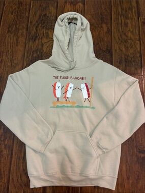 Threadless Cream Pullover Hoodie with Colorful Sushi Graphic